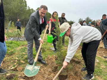Burhaniye’de Kaymakam Memiş, öğrencilerle fidan dikimi yaptı