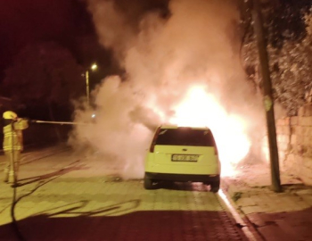 Manyas’ta park halindeki araç alev alev yandı