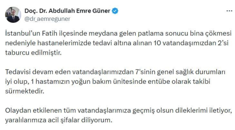 İstanbul İl Sağlık Müdürü Doç. Dr. Abdullah Emre Güner: "Tedavi altına alınan 10 vatandaşımızdan 2’si taburcu edilmiştir"