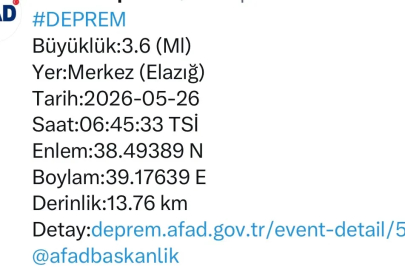 Elazığ’da 3.6 büyüklüğünde deprem
