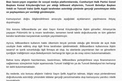 Tunceli Valiliğinden afiş açıklaması
