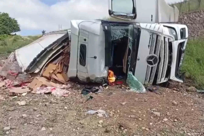 Amasya’da tavuk eti yüklü tır şarampole uçtu: 2 yaralı
