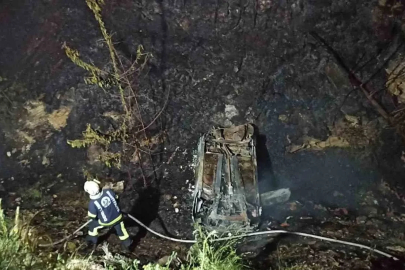 Şarampole yuvarlanan otomobil orman yangınına neden oldu
