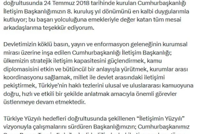 Duran'dan, 'İletişim Başkanlığı'nın 8'inci kuruluş yıl dönümü' mesajı