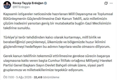 Cumhurbaşkanı Erdoğan: Milli birliğimizi perçinlemeyi hedefleyen bu adımın hayırlara vesile olmasını diliyorum