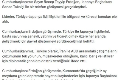 Cumhurbaşkanı Erdoğan, Japonya Başbakanı Takaiçi ile telefonla görüştü 