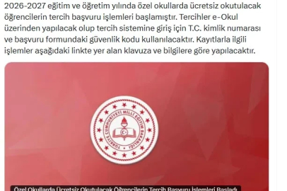 Özel okullarda ücretsiz okutulacak öğrencilerin tercih başvuru işlemleri başladı