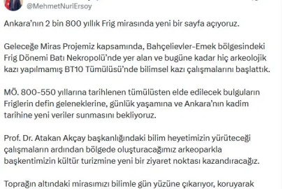 Bakan Ersoy: Ankara'nın 2 bin 800 yıllık Frig mirasında yeni bir sayfa açıyoruz