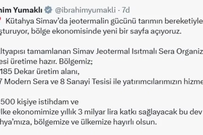 Bakan Yumaklı: Simav Jeotermal Isıtmalı Sera Organize Tarım Bölgesi üretime hazır
