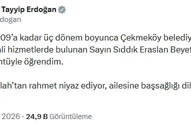 Cumhurbaşkanı Erdoğan'dan, vefat eden eski Çekmeköy Belediye Başkanı Eraslan için taziye mesajı