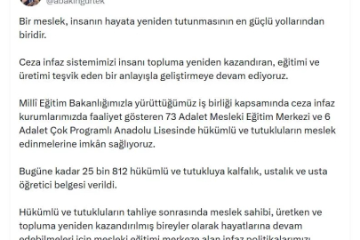 25 bin 812 hükümlü ve tutukluya kalfalık, ustalık ve usta öğretici belgesi verildi