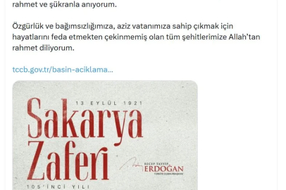 Cumhurbaşkanı Erdoğan'dan Sakarya Zaferi'nin 105'inci yıl dönümü mesajı
