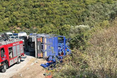 Virajda yol kenarındaki otomobile çarpan kamyon devrildi; 1 ölü, 1 yaralı