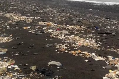 Yağmurla birlikte denize sürüklenen çöpler kıyıya vurdu